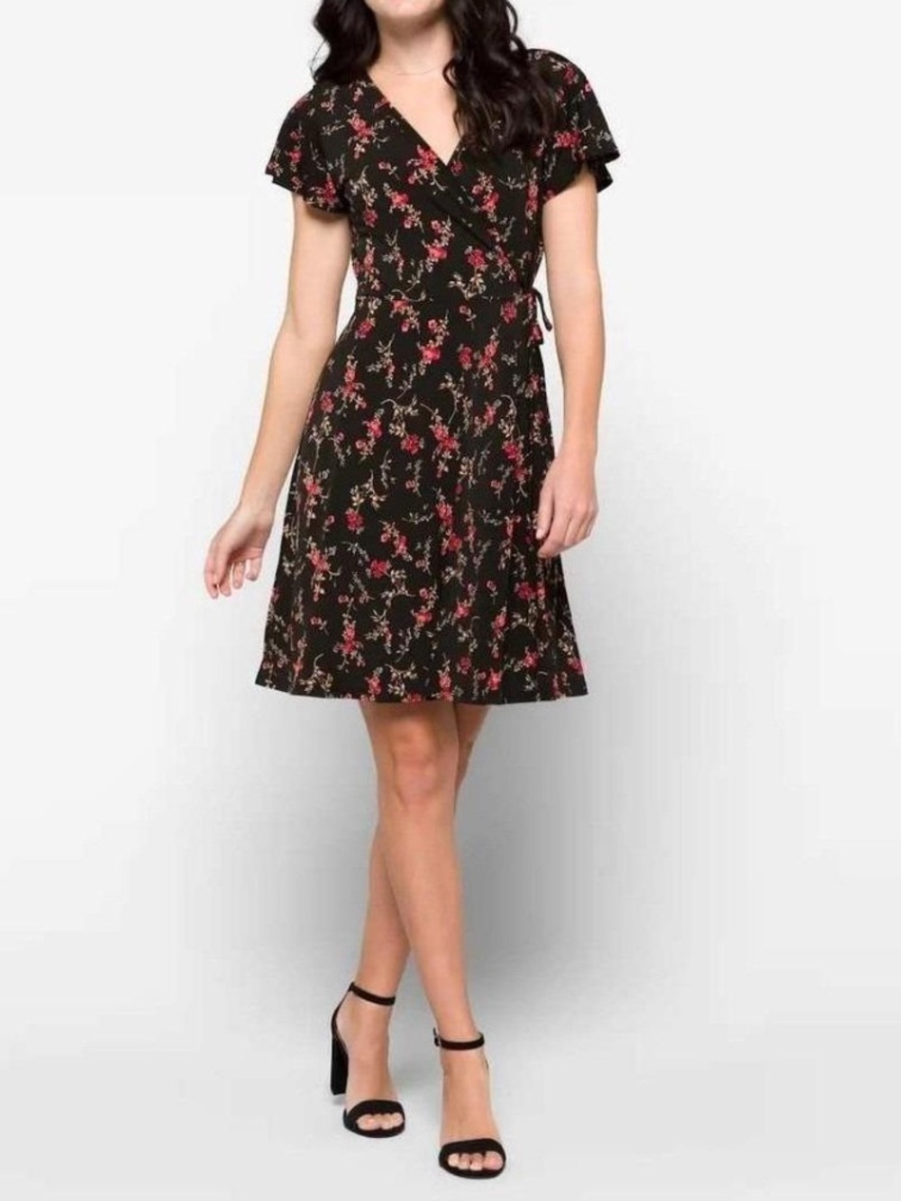 Kayleigh Black Floral Wrap Dress with Red Accents